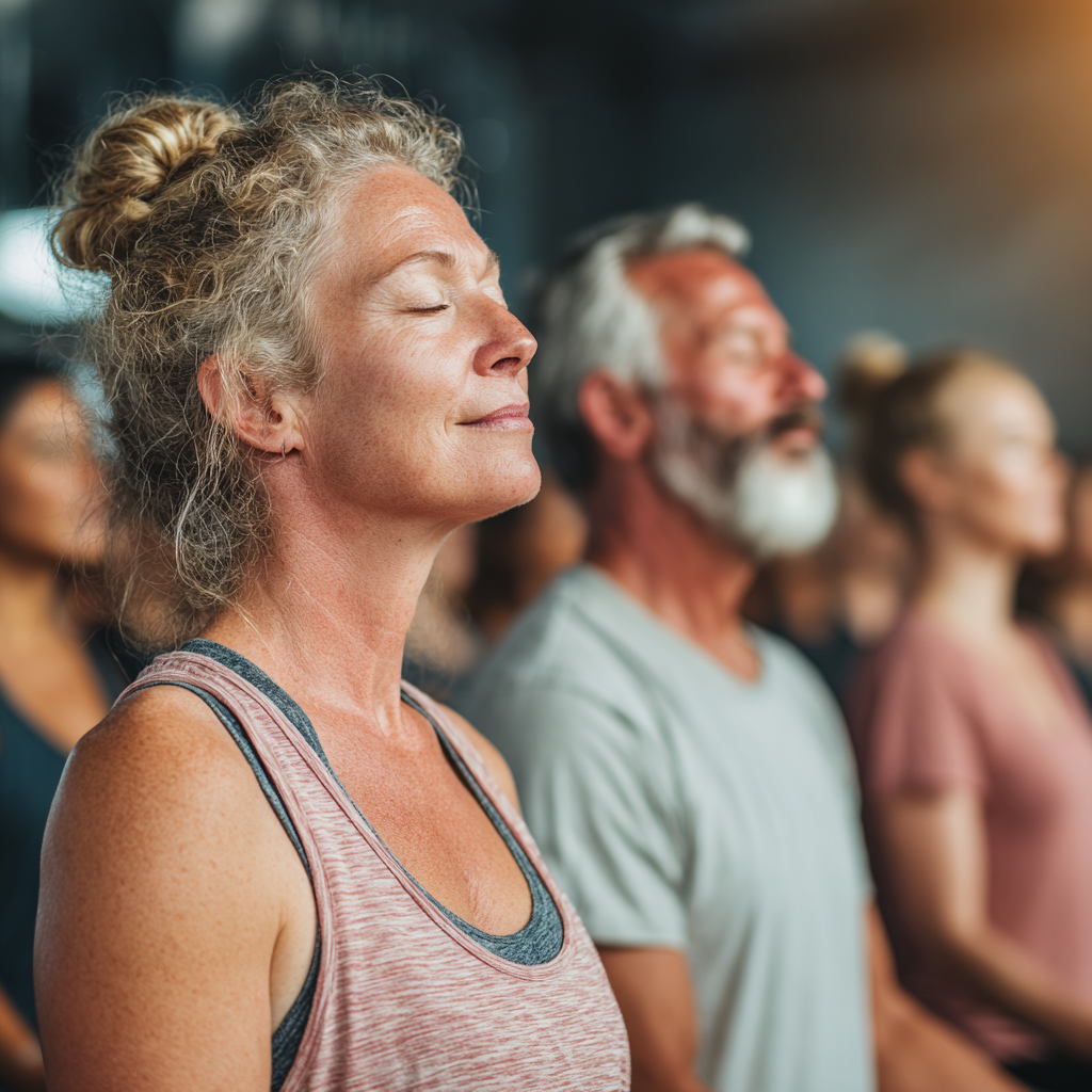 Group of diverse adults aged 40-55 practicing yoga together in bright studio with instructor guidance and supportive atmosphere