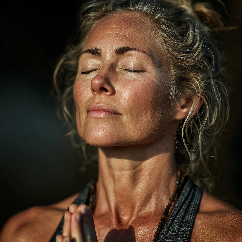 Mature woman in her 40s practicing yoga in mountain pose with focused expression and proper alignment in natural light