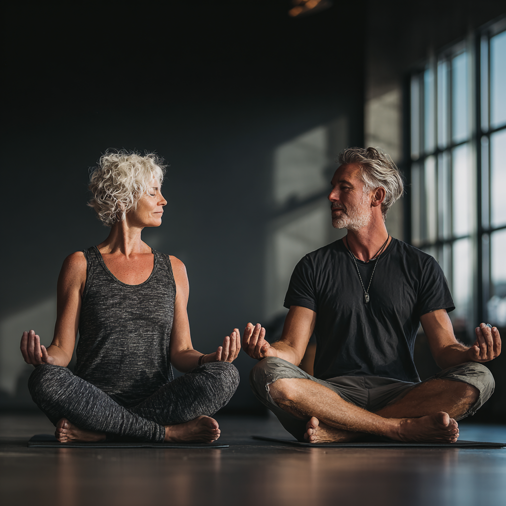 Professional male instructor in his 50s demonstrating yoga pose to mature female student in peaceful studio environment